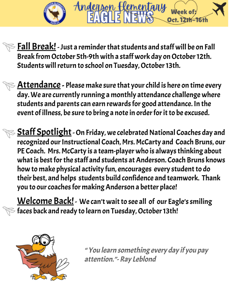 This newsletter contains information about the school day, absences, and upcoming events.