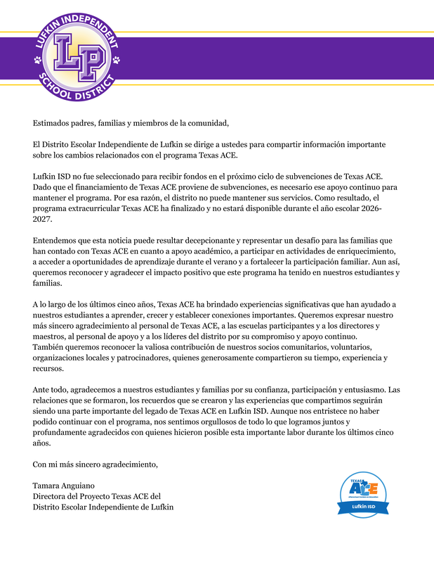 Texas ACE Letter Spanish
