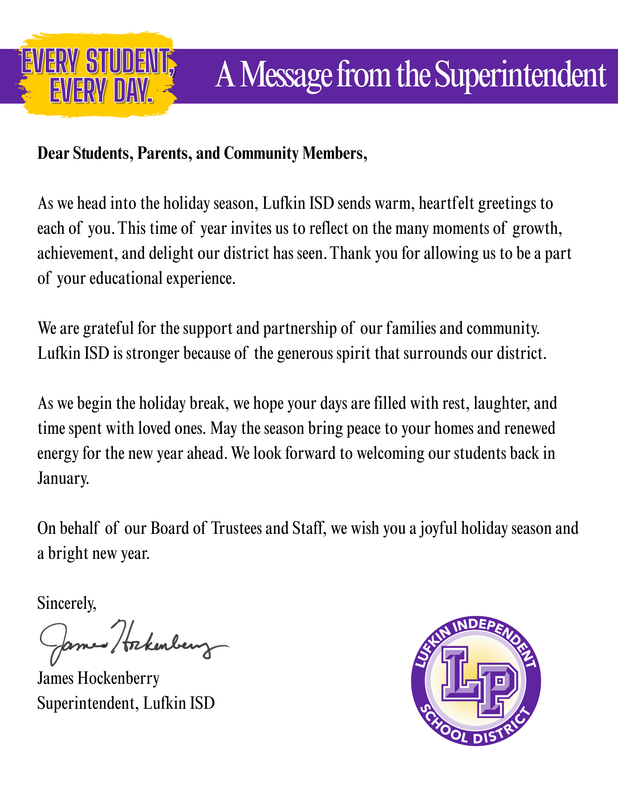 English Holiday Message from Superintendent