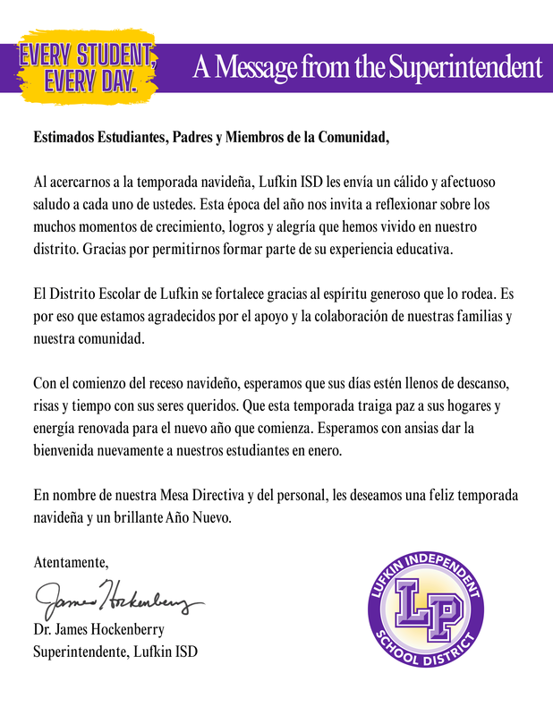 Spanish Holiday Message from Superintendent