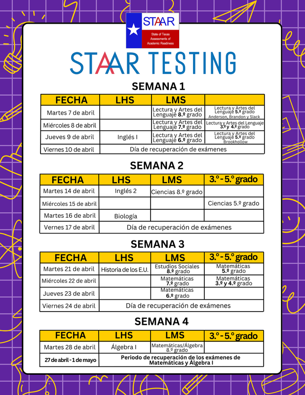 STAAR Testing Dates Schedule