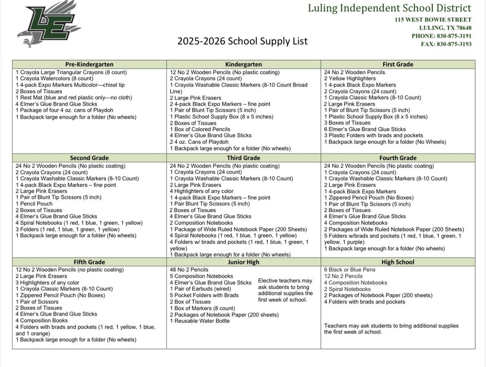 2025-2026 School Supply List