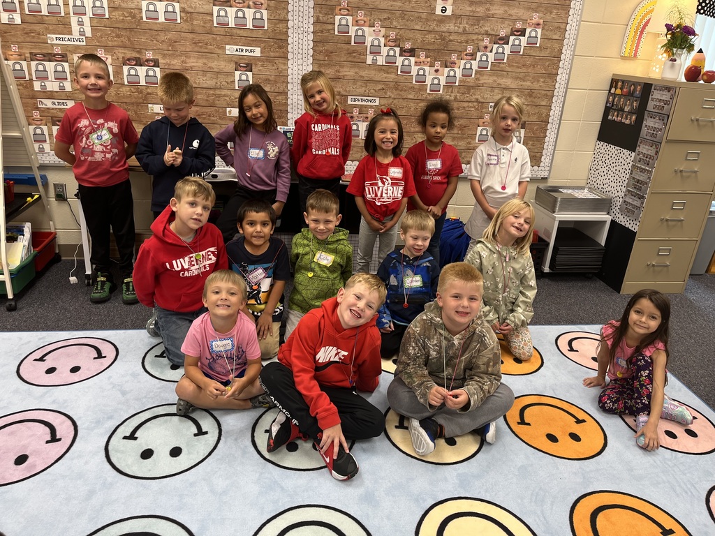 Kindergarten students took part in Kindergarten Boot Camp.  Last week, Mrs. Atkinson-Smeins, School Counselor, taught lessons on listening and respect, and read The Lucky Button by Julia Cook --a story about easing first-day jitters.  Each child received a button necklace.
