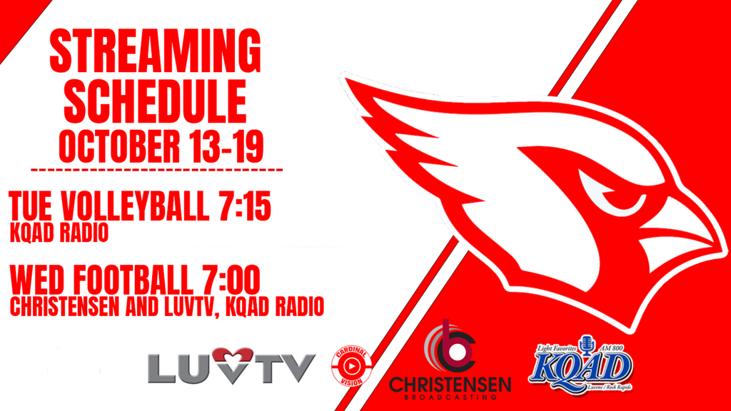 streaming calendar: Tuesday volleyball 7:15 on kqad, Wednesday football on christensen, luvtv, and kqad. 7:00.
