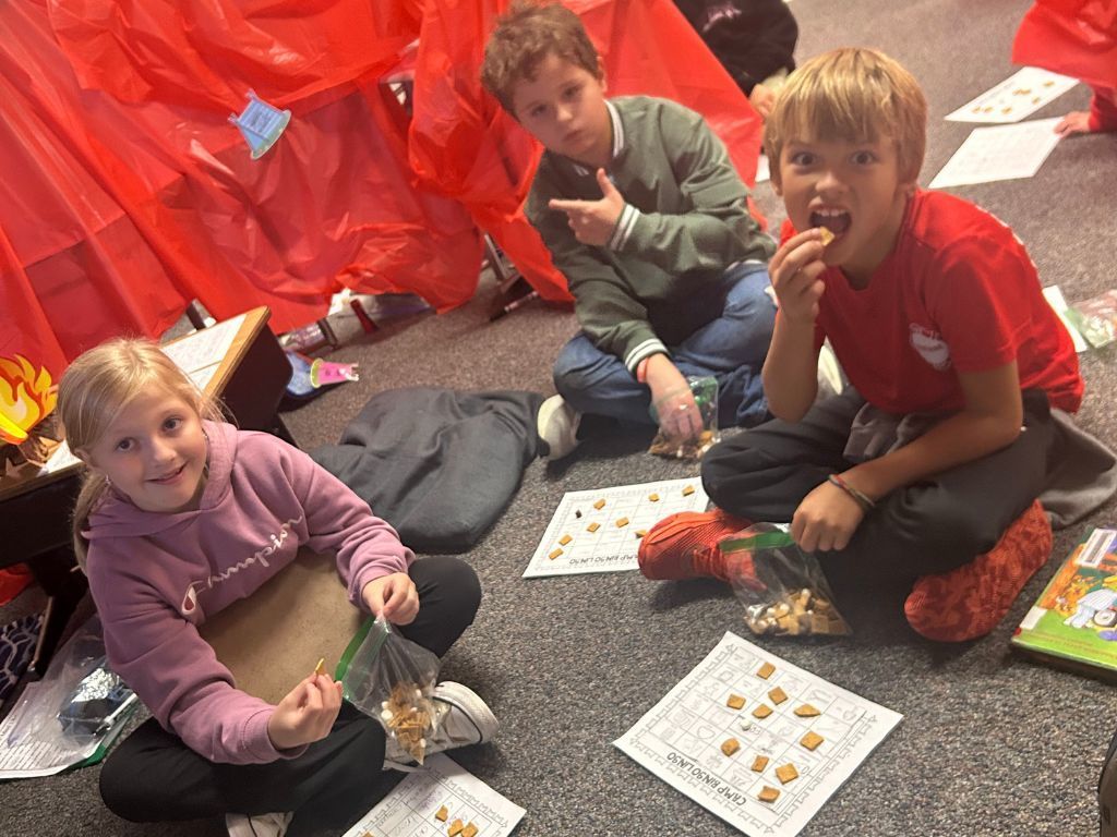 Surprise 3rd grade “camping day” on the Wednesday before MEA. Camps worked together on themed activities during Reading and Writing, got to play BINGO, and read with flashlights.