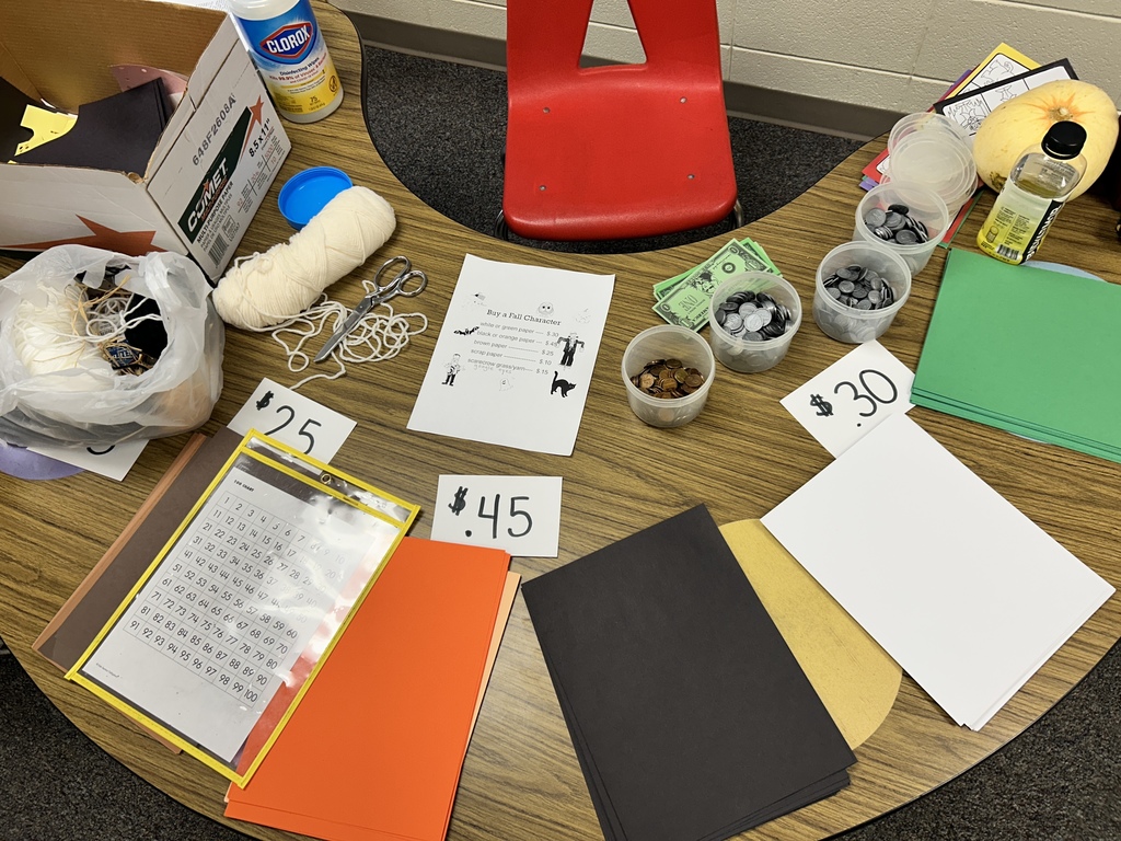 Today for a fun a Halloween activity each student in Mrs. Schomacker's 2nd grade class was given a one dollar bill and had to plan out which supplies they would like to buy to create a fall character. They practiced planning for how much money they would need to spend and also what change they would get back to buy more supplies later. Their creations turned out awesome!