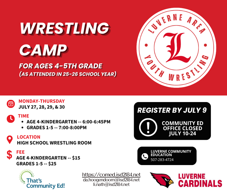 Wrestling camp for ages 4 through grade 5. Contact Community Education to register. 