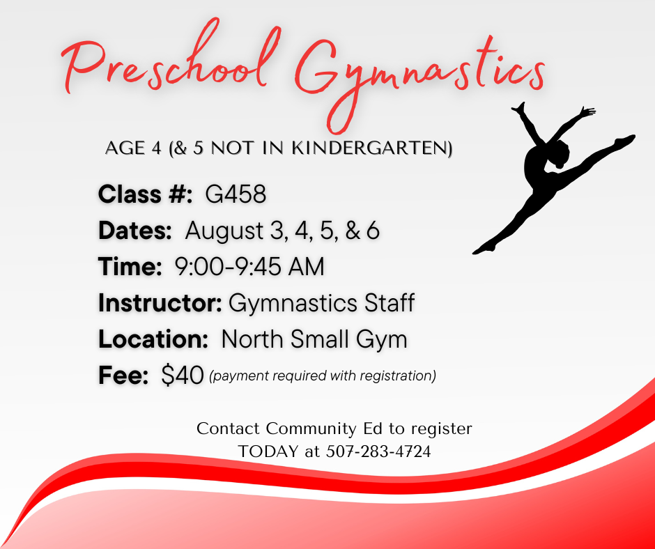 Additional Preschool Gymnastics opportunity August 3-6.
