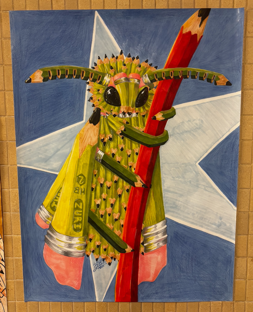 Bug made out of and pencils and pencil wings holding a giant pencils.