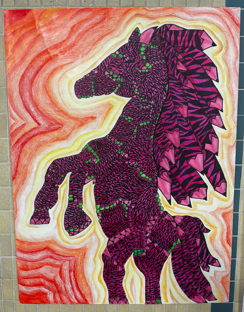 Pink horse made out of pencils.