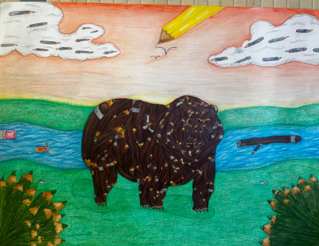 A bear made out of pencils by the witer and bushes made out of pencils and clouds made out of pencils.