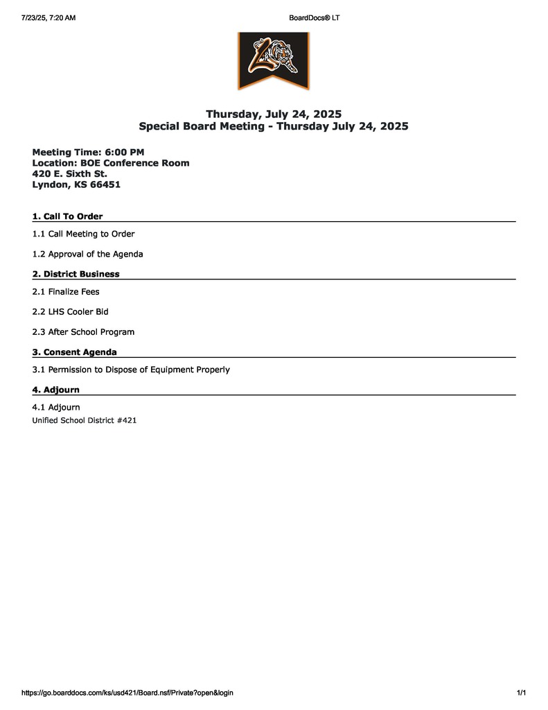Special BOE Meeting Thursday, July 24, 2025