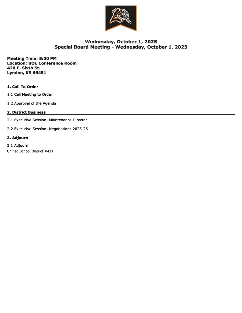 Special BOE Meeting Wednesday, October 1, 2025
