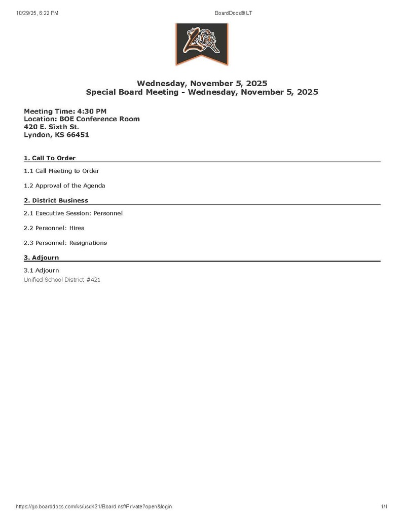 Special BOE Meeting Wednesday, November 5, 2025