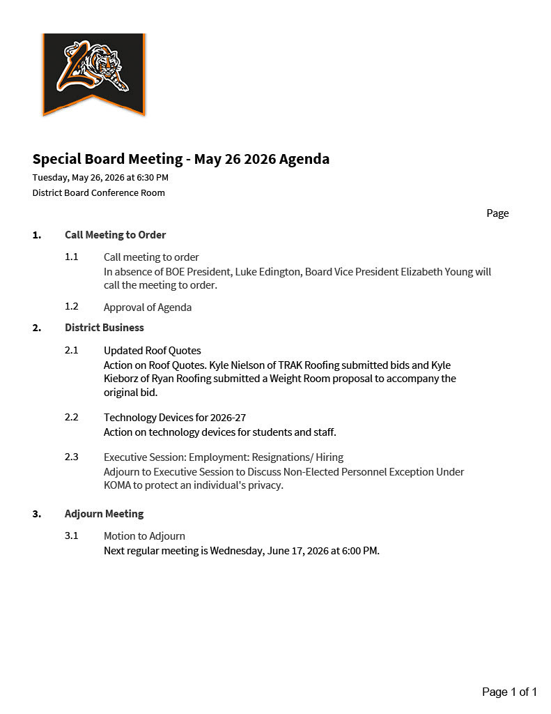 May Special BOE Mtg Proposed Agenda