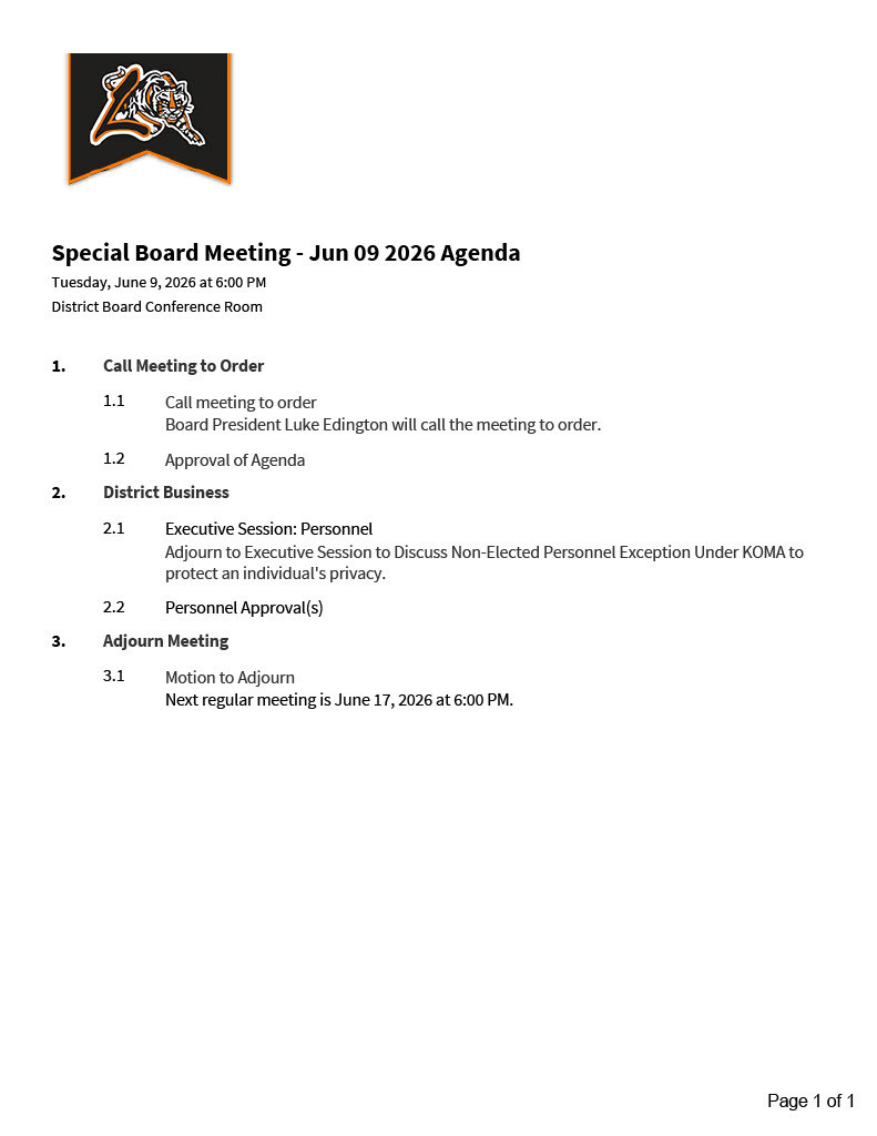 Special BOE Meeting Tuesday, June 9, 2026