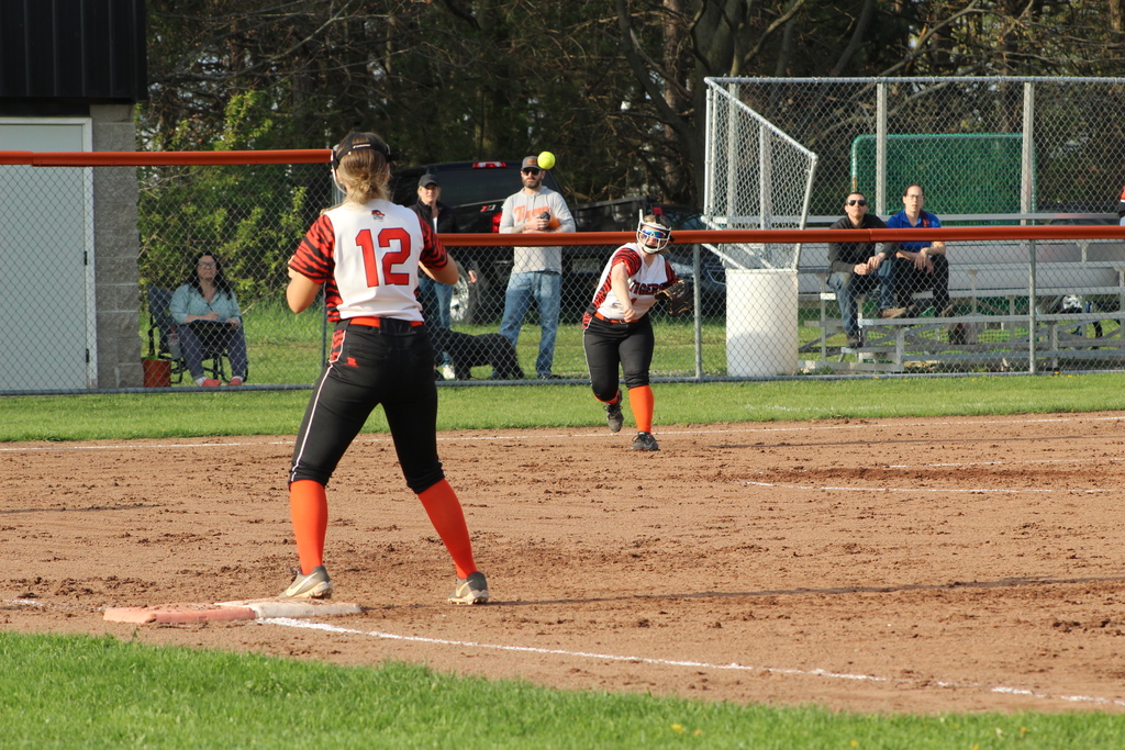 two girls throwing ball in softball game