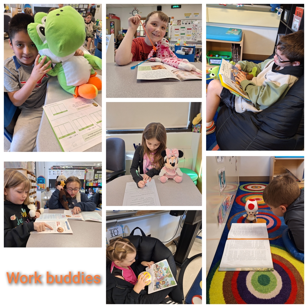 students working in classrooms with their stuffed animals by their sides