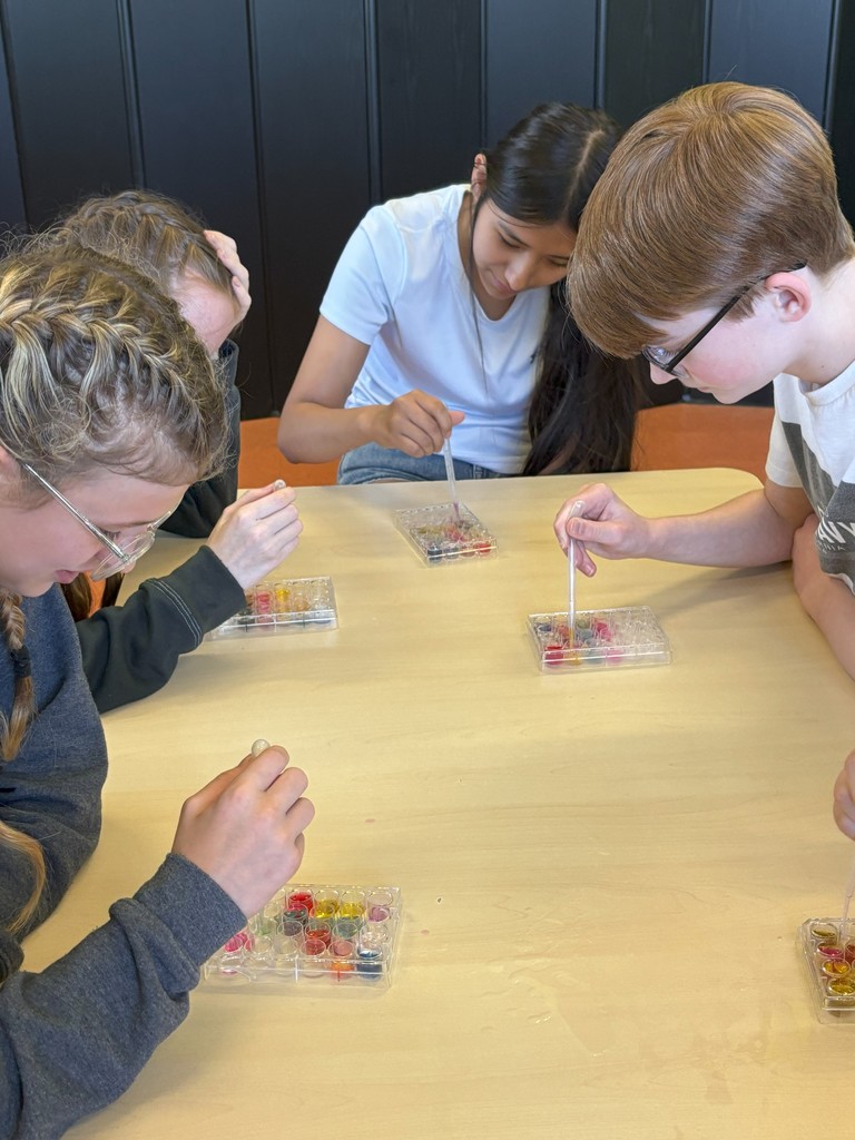 students working at a table on science experiment