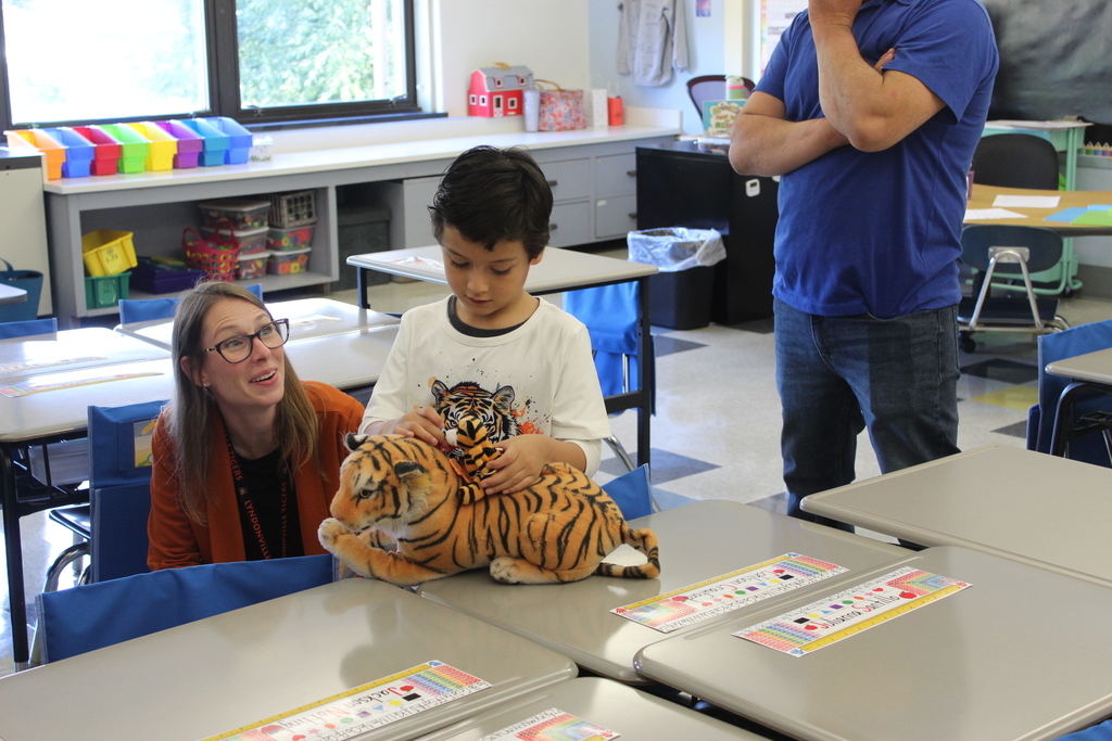 principal kneeling near student at desk talking to him while he pets stuffed tiger