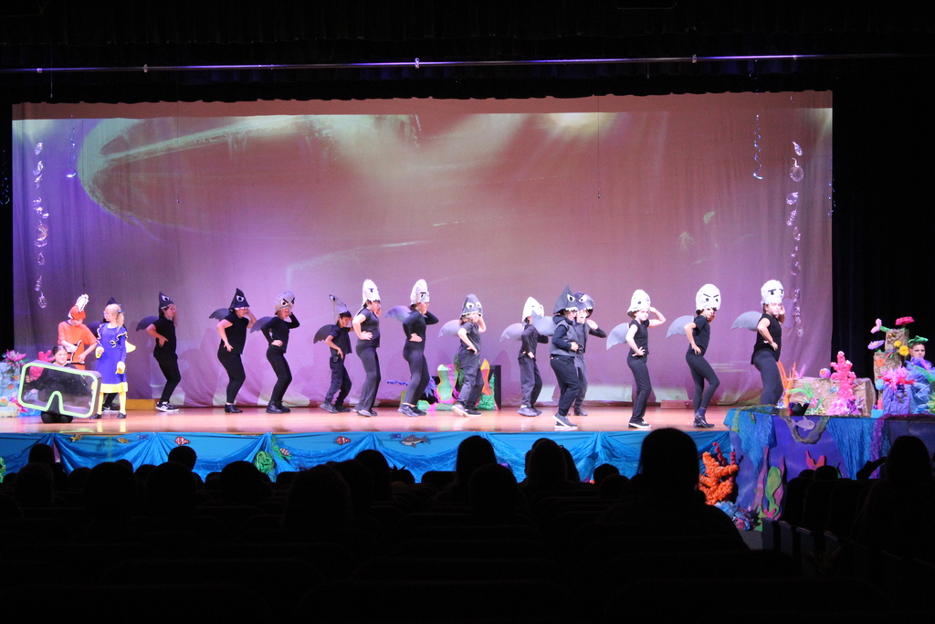 students performing a dance routine on stage in costume