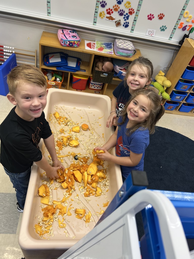 students playing with pumpkin guts in classroom