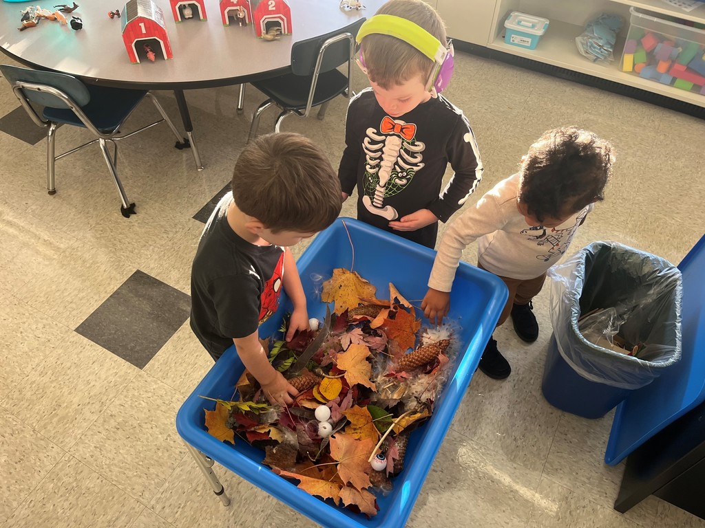students interacting with sensory bin
