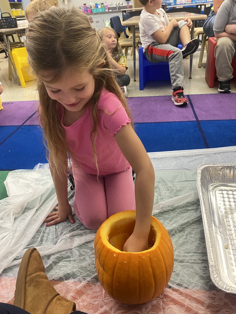 student putting her hand inside pumpkin