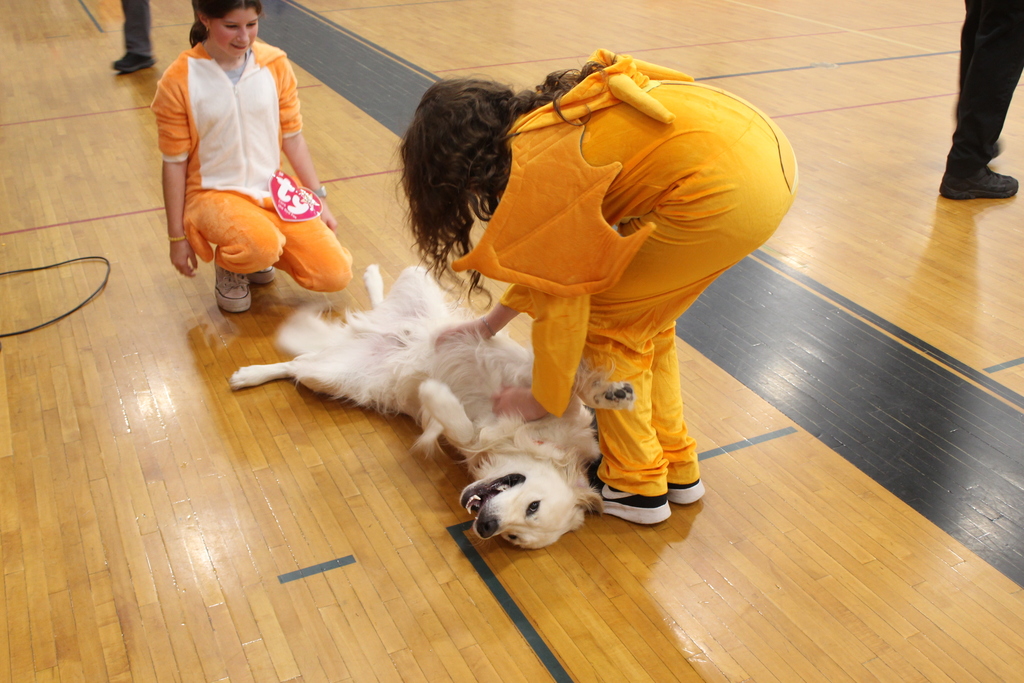 student petting dog who is lying on his back