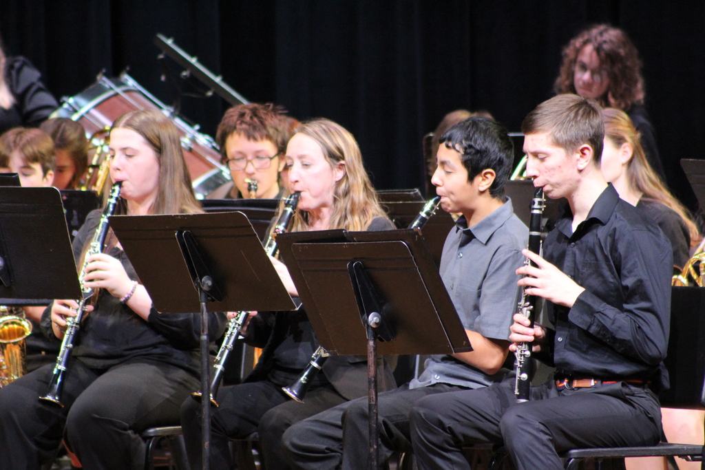 students and teacher playing instruments in band on stage