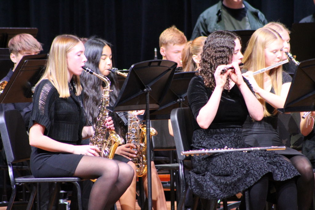 students playing instruments in band on stage