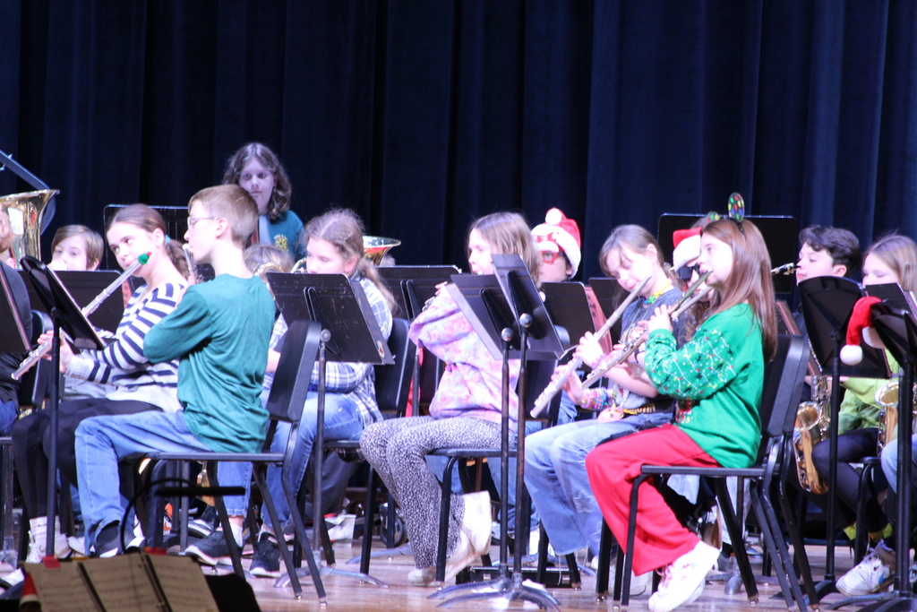 students playing instruments in band on stage