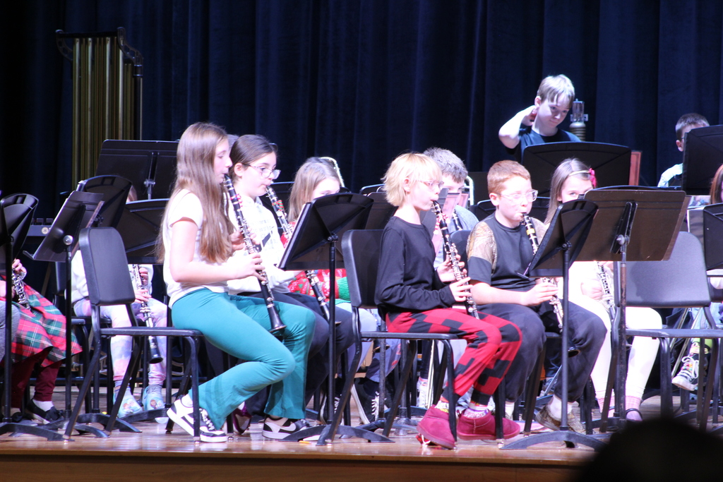 students playing instruments in band on stage