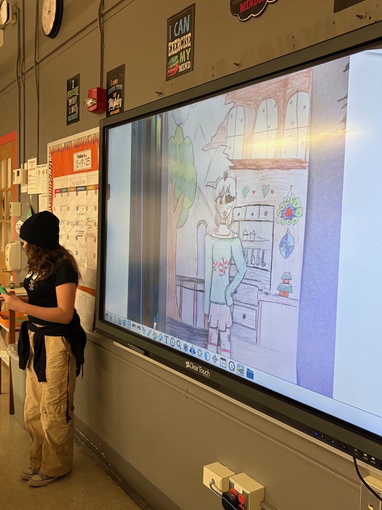 girl speaking in front of smartboard