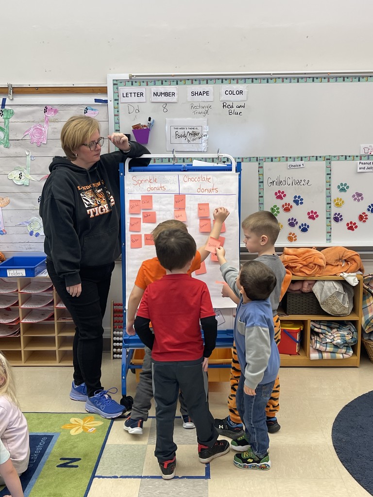 students adding sticky notes to paper on easel with teacher supervising