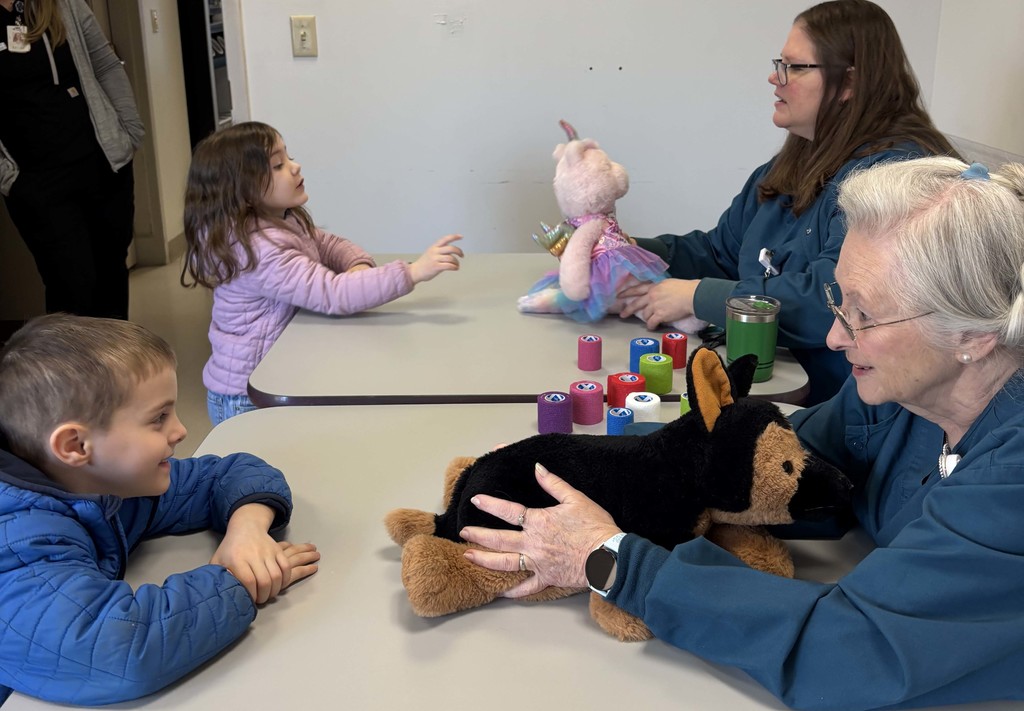 students giving nurses their stuffed animals to be assessed
