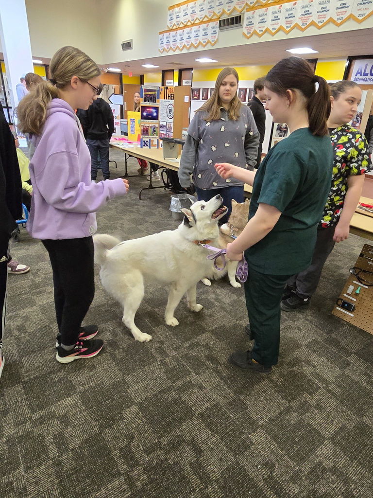 students interacting with a dog in a boces facility