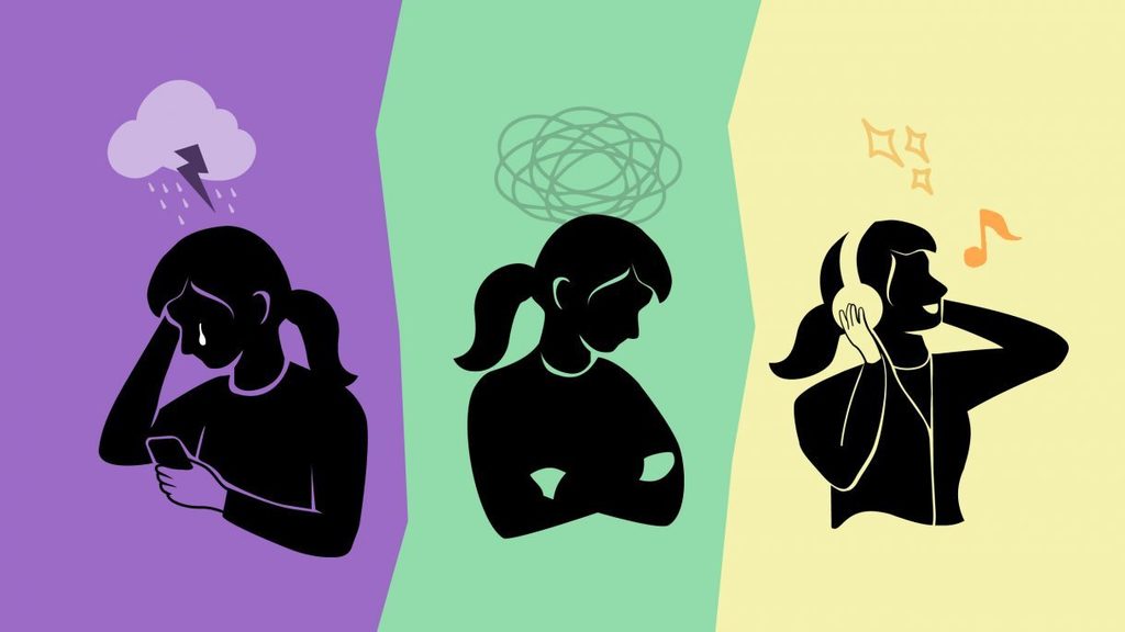 three different images of a girl having emotions
