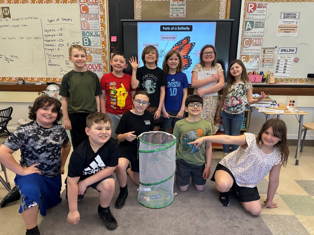 students surrounding their butterfly enclosure in classroom