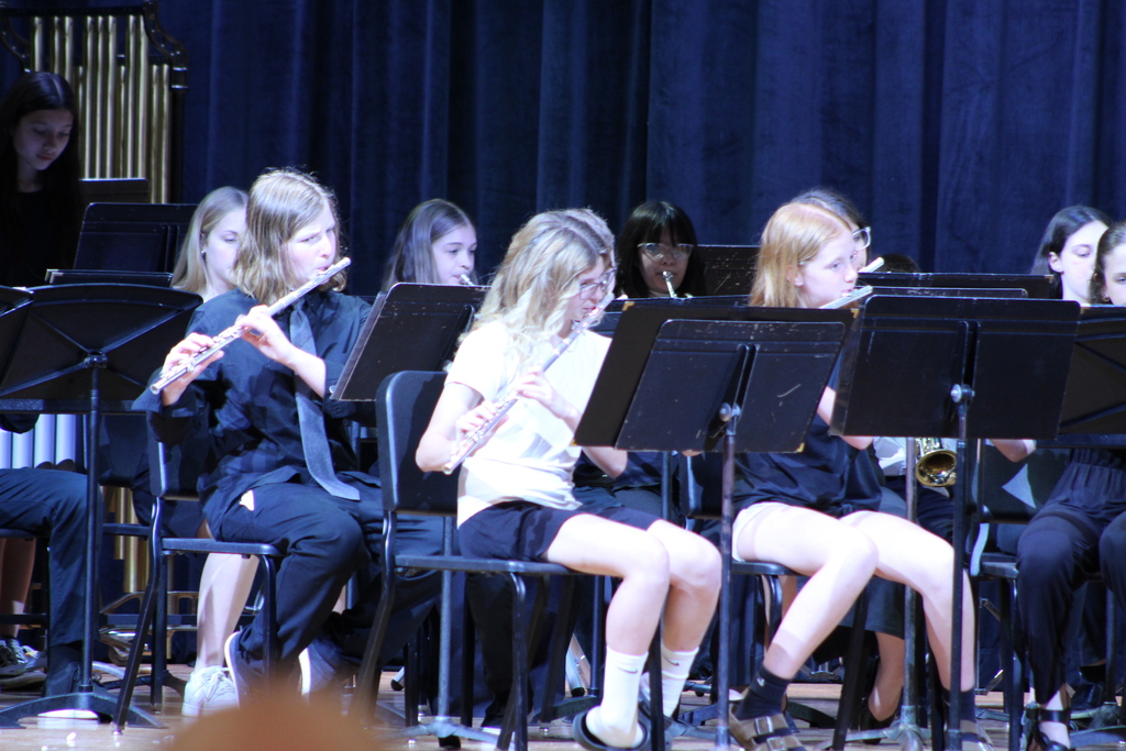 students playing instruments in band on stage