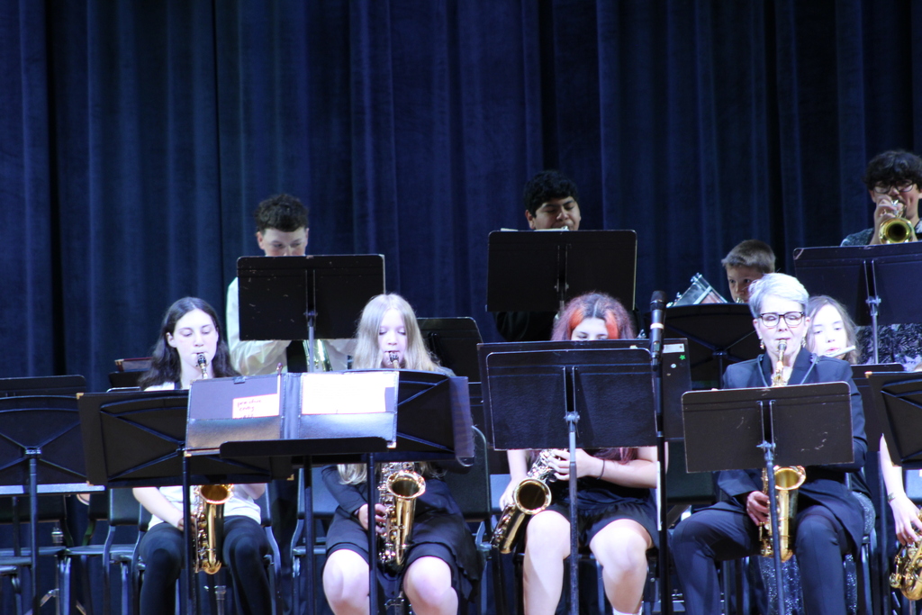 students playing instruments in band on stage
