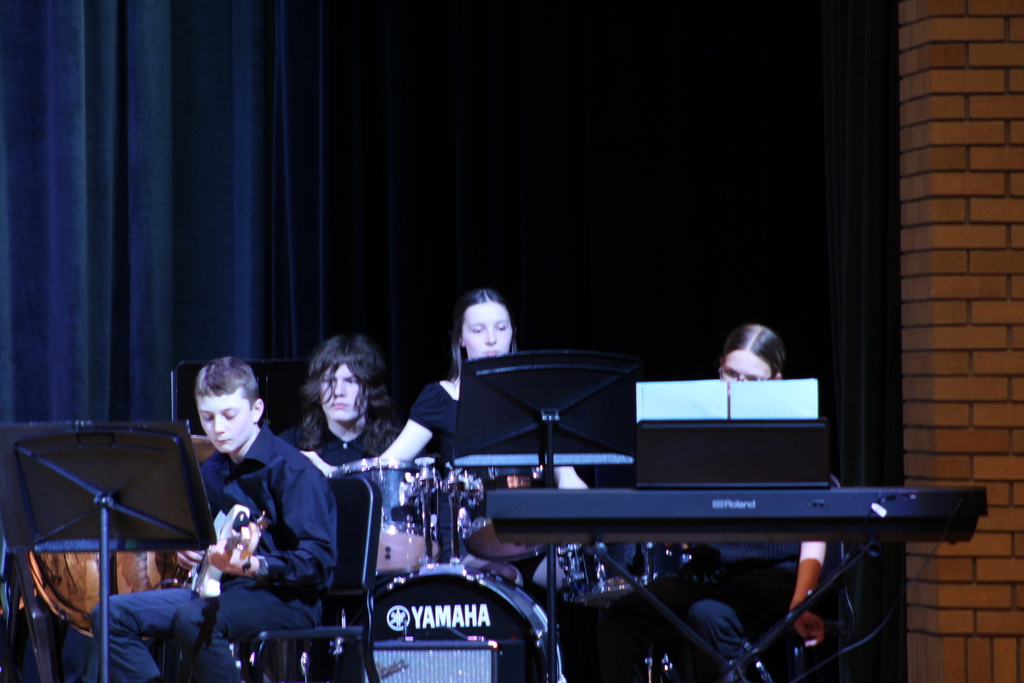 students playing instruments in band on stage