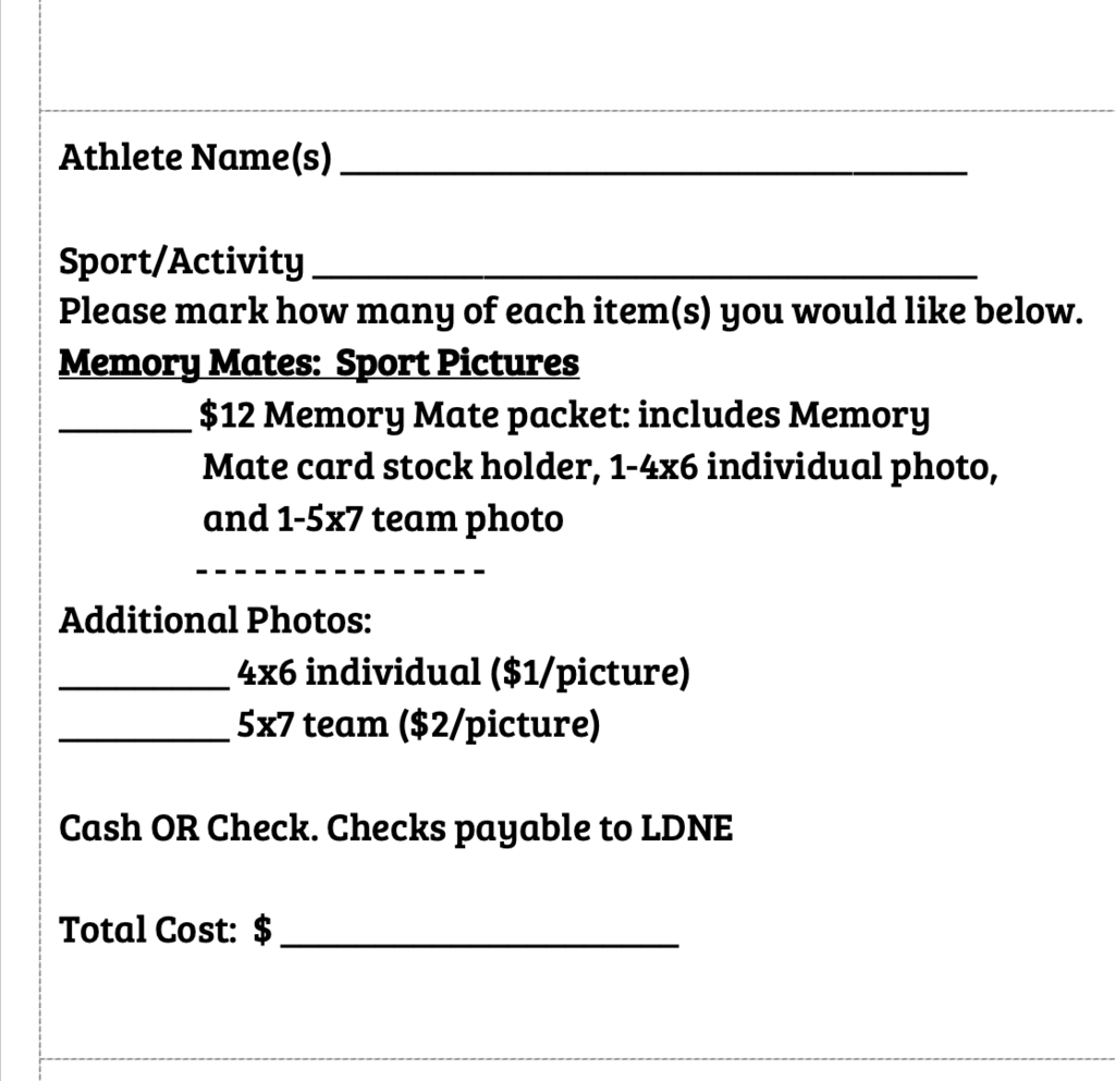 Memory Mates Order Form