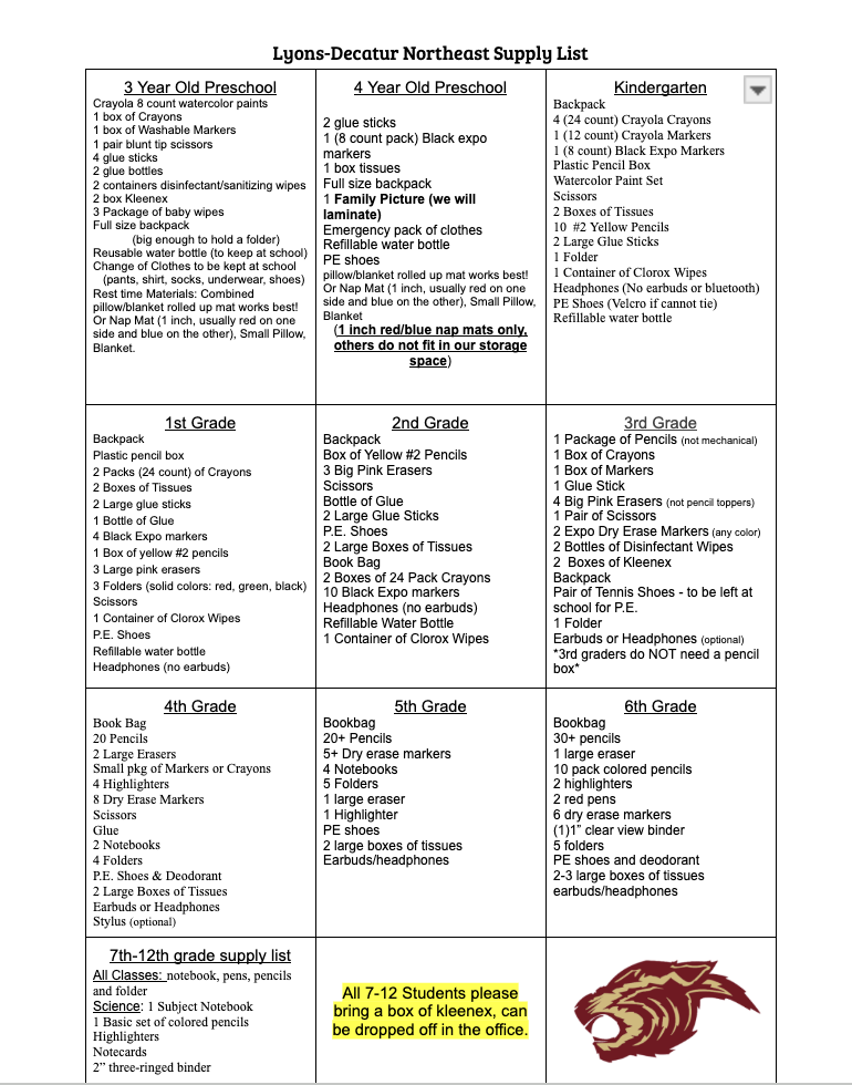 school supply list