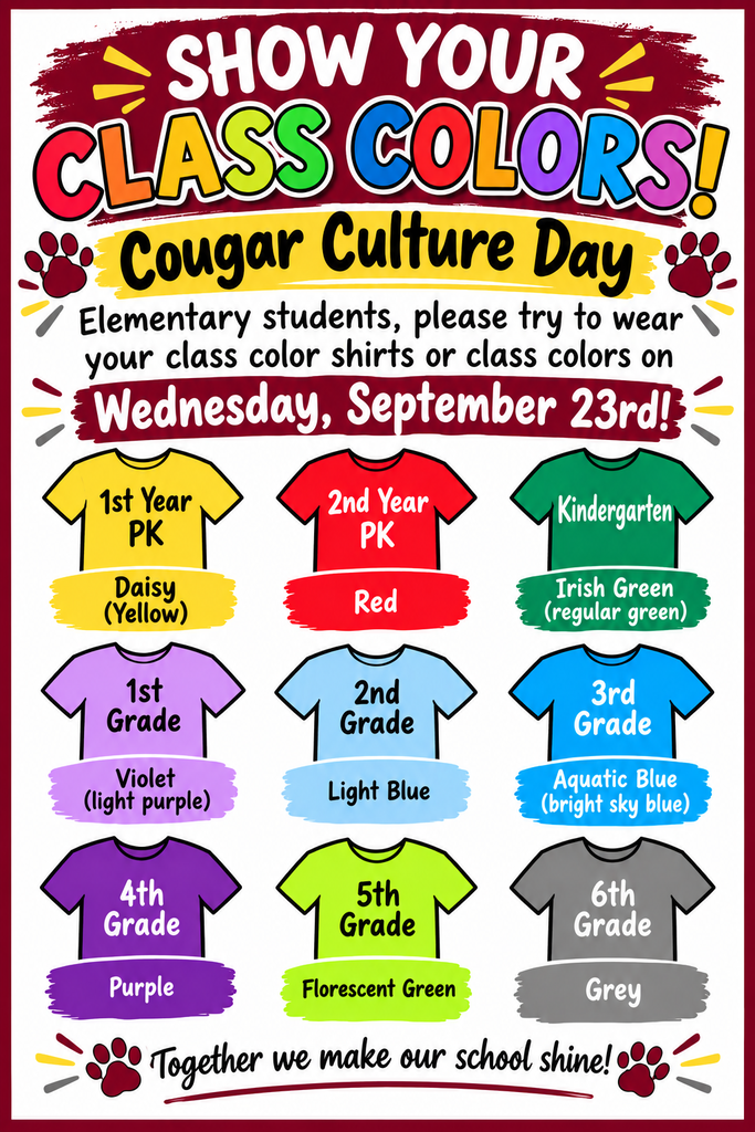 Elementary are invited to wear class colors on Wednesday, September 23rd