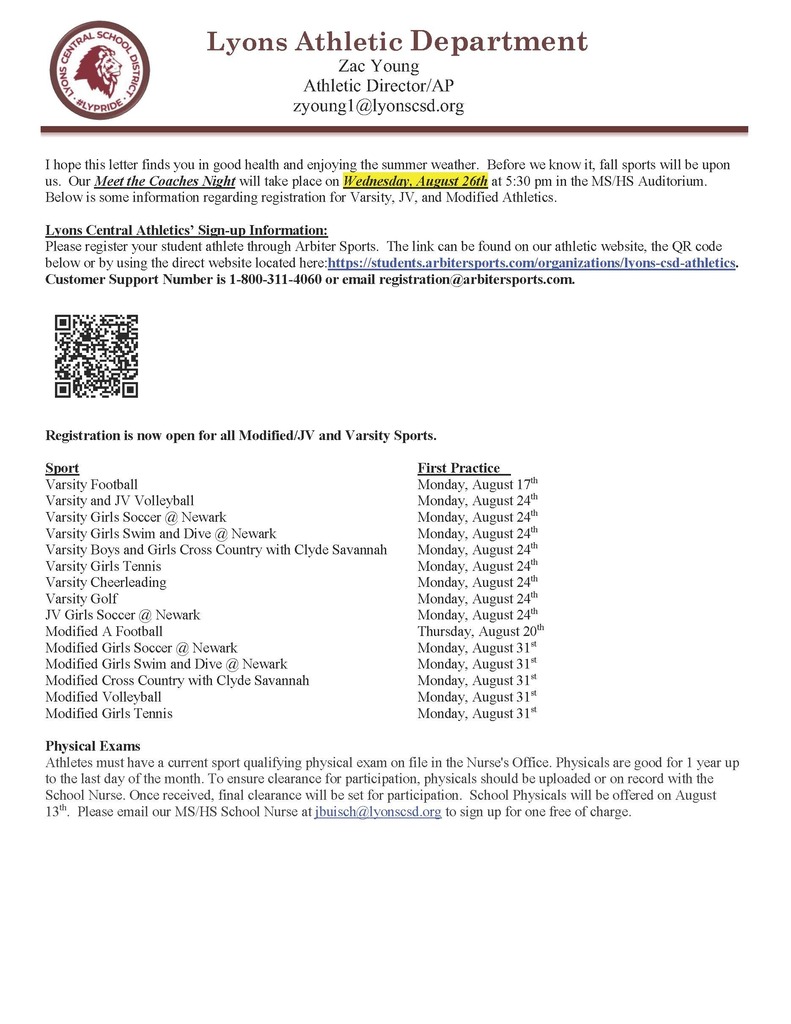 Athletic registration Sheet