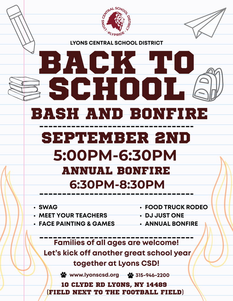 BACK TO SCHOOL BASH flyer on september 2nd from 5-6:30 pm with a bon fire to follow