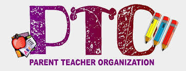 Colorful graphic that spells out PTO with text Parent Teacher Organization beneath with an apple and crayons to the side.