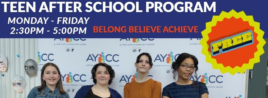 Image of four young people with the text Teen after school program, Mon-Fri 2:30-5:00 PM Free