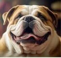 Close up image of a brown and white bulldog